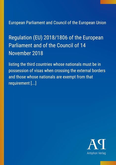 "Regulation (EU) 2018/1806" in Weiß auf Blau. Oben links EU-Parlamentsüberschrift, unten rechts "Antiphon Verlag".