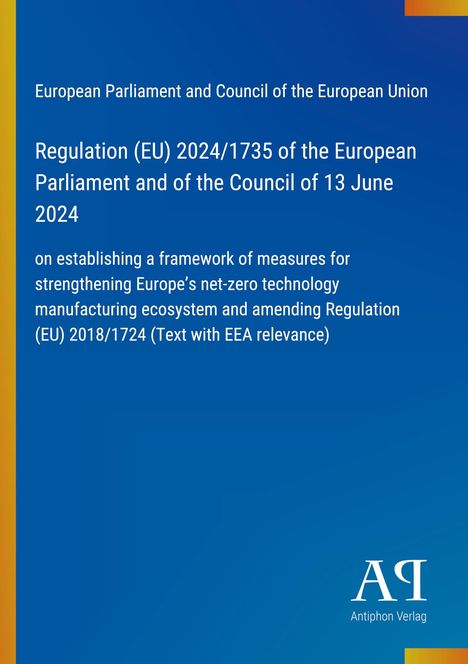Text der Europäischen Union zu Technologien für Netto-Null, blaues Design, Logo „AQ“ von Antiphon Verlag unten.