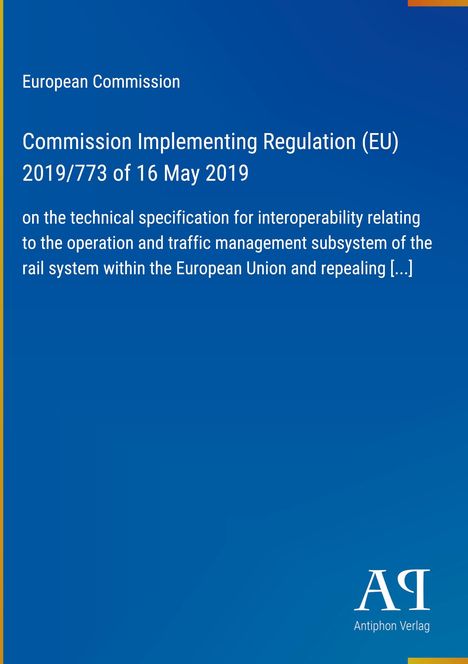 Text: "European Commission, Commission Implementing Regulation (EU) 2019/773 of 16 May 2019." Blauer Hintergrund, schlichtes Design.