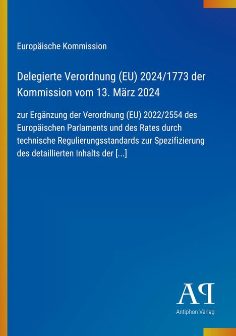 "Delegierte Verordnung (EU) 2024/1773 der Kommission vom 13. März 2024." Blaues Cover, gelber Rand, Verlagslogo unten rechts.
