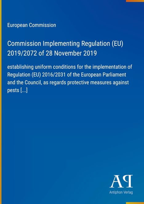 Titel: EU-Verordnung 2019/2072 vom 28. November 2019. Blaues Dokument mit Antiphon Verlag Logo.