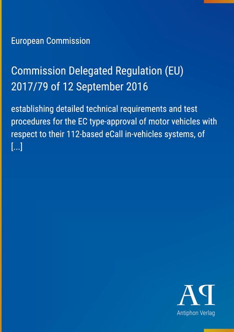 Text der EU-Kommission über Regulierung 2017/79; blauer Hintergrund mit weißem Text; Verlag: Antiphon Verlag.