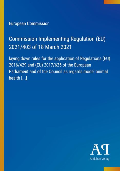 Text über EU-Verordnung, Datum, Regulierungen und Herausgeber. Blau mit gelbem Rand, Logo unten rechts.