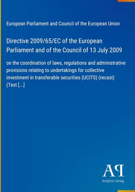 Text: Directive 2009/65/EC, European Parliament, UCITS. Blaues Cover, sehr formelles Layout, Titel und Untertitel in Weiß.