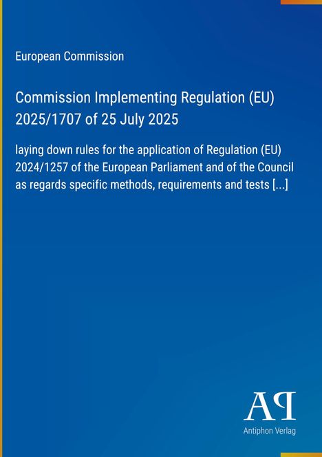 Text über Implementierungsverordnung der EU-Kommission, Datumsangaben und Verlagshinweis. Blauer Hintergrund.
