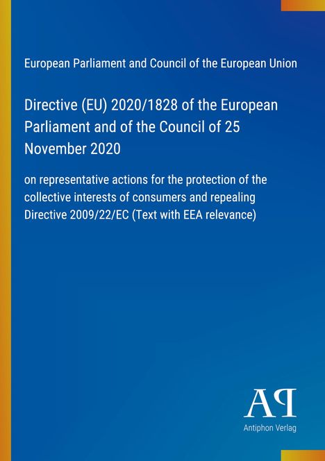 Europäische Union Richtlinie 2020/1828, Vertreterklagen zum Verbraucherschutz, 25. November 2020. Blau mit gelben Details.