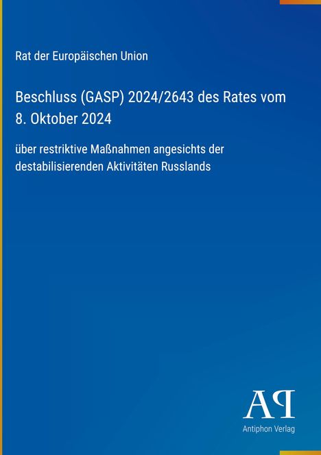 Text über EU-Beschluss (GASP) zu Sanktionen gegen Russland auf blauem Hintergrund, Logo unten rechts.