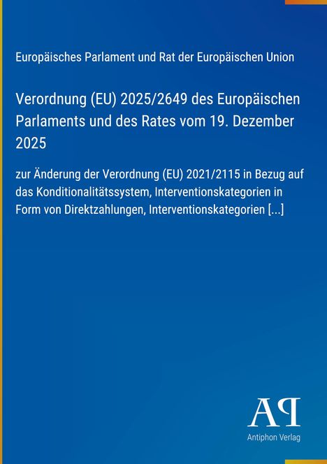 Verordnung (EU) 2025/2649 des Europäischen Parlaments vom 19. Dezember 2025. Blaues Cover, Text zentriert, Verlagslogo unten.