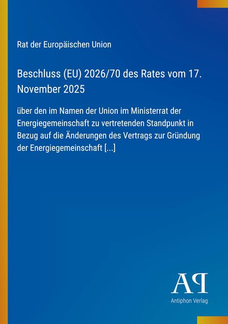 Text: "Beschluss (EU) 2026/70 des Rates vom 17. November 2025...". Blaues Cover mit gelbem Rand links, Logo unten rechts.