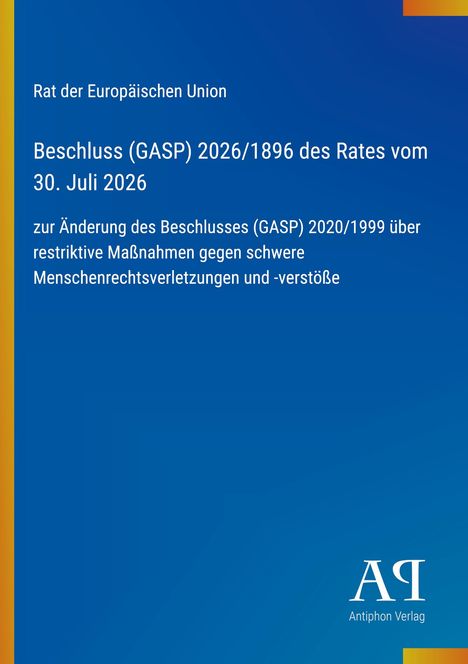 Beschluss (GASP) 2026/1896 über Maßnahmen gegen Menschenrechtsverletzungen. Blaues Design, Logo unten rechts.