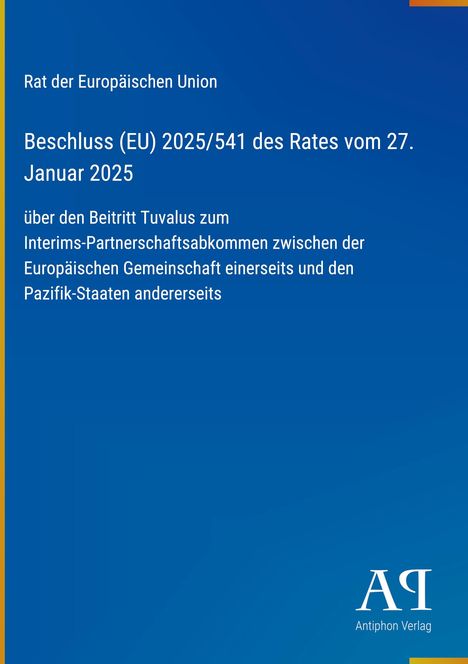 Blauer Hintergrund mit gelbem Rand, Text zu einem EU-Beschluss über den Beitritt Tuvalus, AΠ Logo unten rechts.
