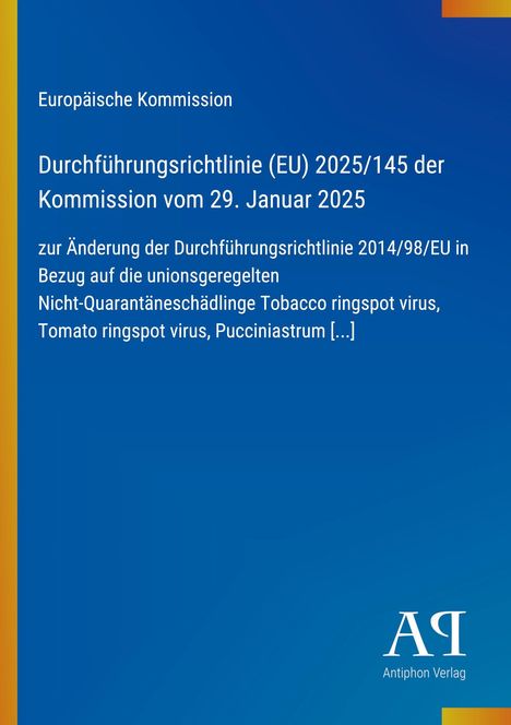 Text: Durchführungsrichtlinie (EU) 2025/145 der Kommission vom 29. Januar 2025. Blaues Layout mit gelbem Streifen.
