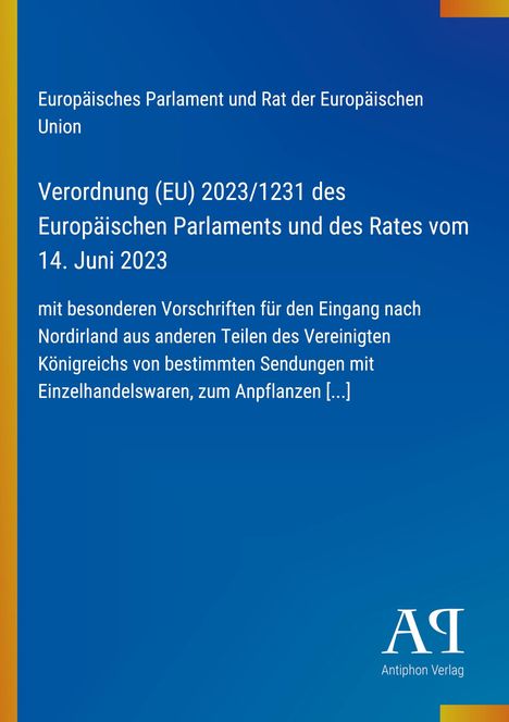 Text über EU-Verordnung, blauer Hintergrund, orange Streifen, Logo und Schriftzug "Antiphon Verlag" unten rechts.