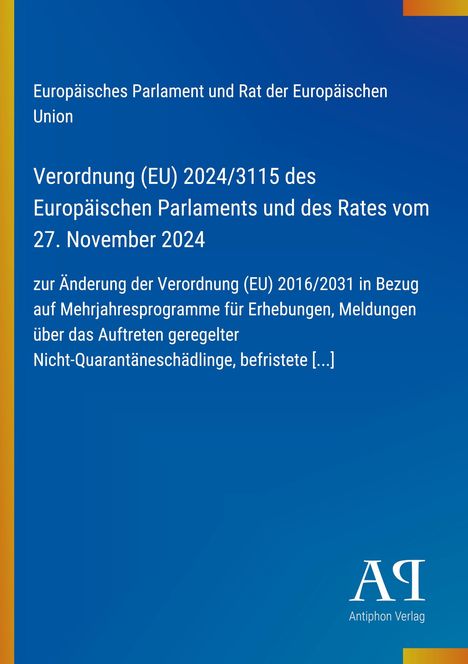 Verordnung (EU) 2024/3115 des Europäischen Parlaments und Rates. Blau mit EU-Logo, Antiphon Verlag unten rechts.