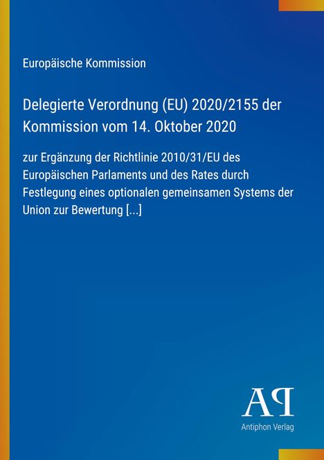 Text: "Europäische Kommission. Delegierte Verordnung (EU) 2020/2155 vom 14. Oktober 2020." Blaues Cover mit gelbem Rand.