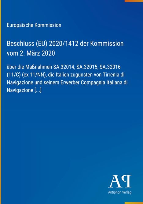 „Europäische Kommission Beschluss (EU) 2020/1412 vom 2. März 2020“; blau Hintergrund, Antiphon Verlag Logo.
