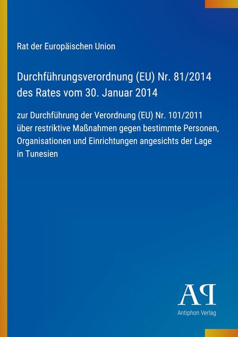 Text zu EU-Verordnung. Logo unten rechts: AQ Antiphon Verlag. Blauer Hintergrund mit gelbem Rand links.