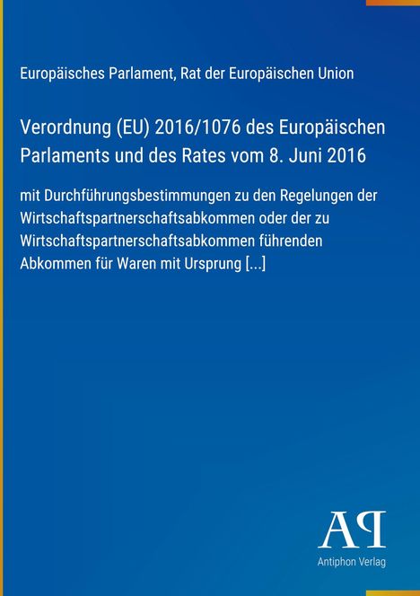 Europäische Verordnung (EU) 2016/1076 vom 8. Juni 2016, blau mit gelbem Rand, Logo unten rechts.