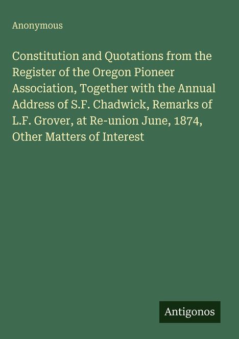 Text in Weiß auf grünem Hintergrund: Titel zu einem historischen Thema. Unten Logo: "Antigonos".