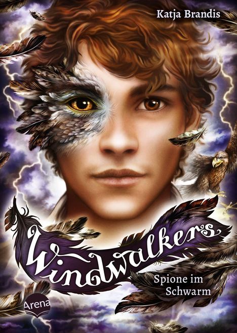 "Katja Brandis, Windwalkers, Spione im Schwarm" steht auf einem Cover. Ein Gesicht, teilweise mit Federn, und ein Adler sind abgebildet.