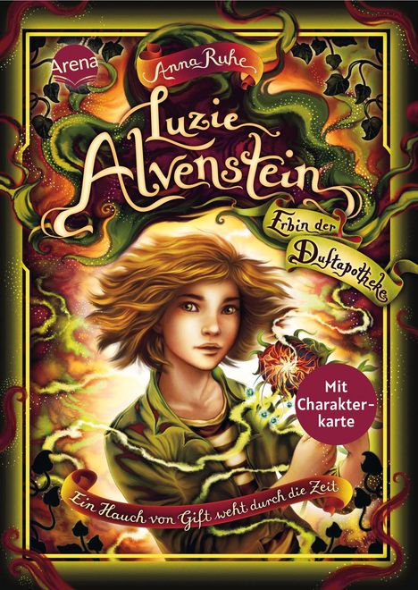 Buchtitel: "Luzie Alvenstein: Erbin der Duftapotheke". Illustration eines Mädchens mit Blume und farbenfrohem Hintergrund.