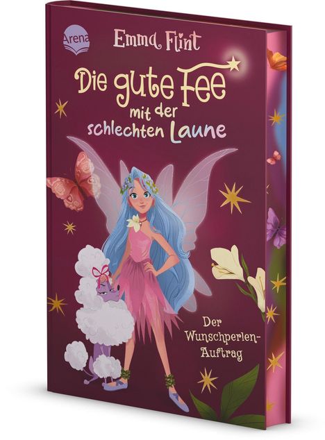 "Die gute Fee mit der schlechten Laune" in verschnörkelter Schrift. Eine Fee mit blauen Haaren und ein wolliges Tier.