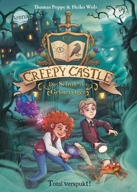 Titel: "Creepy Castle - Die Schule der Geisterjäger". Zwei Kinder mit Taschenlampe und Gerät, umgeben von Geistern.