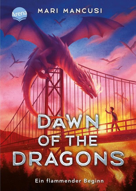 Titel: "Dawn of the Dragons". Ein Drache auf einer Brücke trifft auf einen Jungen beim Sonnenuntergang.