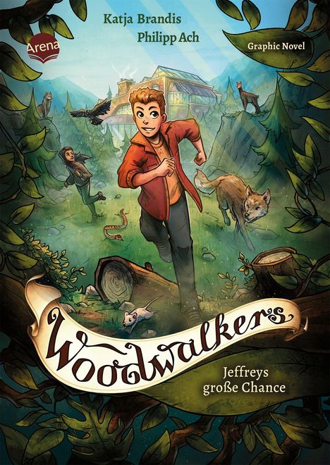 „Katja Brandis, Philipp Ach, Graphic Novel, Woodwalkers: Jeffreys große Chance“. Jugendlicher rennt im Wald, Tiere und Natur, illustrierter Stil.