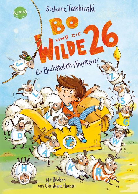 Text: "Stefanie Taschinski, Bo und die wilde 26, Ein Buchstaben-Abenteuer, Mit Bildern von Christiane Hansen."  
Illustration: Kind sitzt fröhlich auf einem Sofa, umgeben von fröhlichen Schafen mit Buchstaben auf den Pullovern.