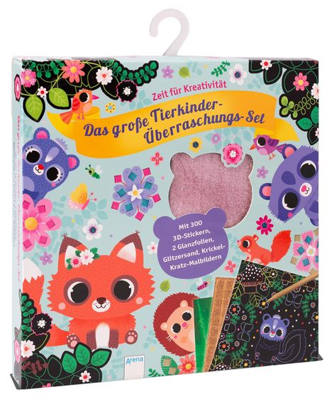 Das große Tierkinder-Überraschungs-Set. Mit 300 3D-Stickern, 2 Glanzfolien, Glitzersand und Krickel-Kratz-Malbildern, Buch