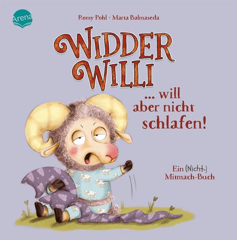 „Widder Willi … will aber nicht schlafen!“ Ein (Nicht-) Mitmach-Buch. Illustration eines müden Schafs in Schlafanzug.