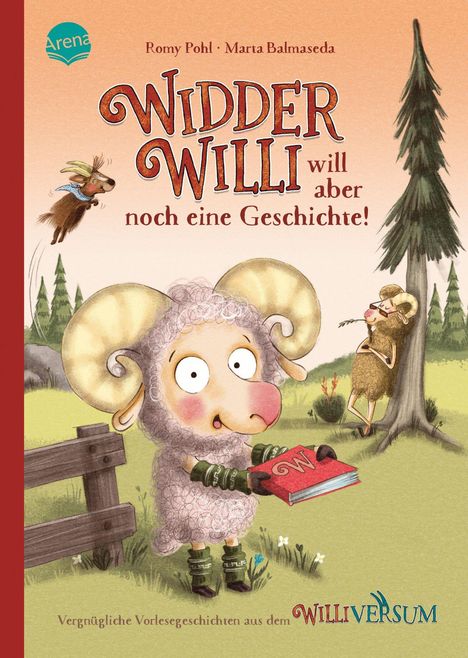 "Widder Willi will aber noch eine Geschichte!" zeigt ein Widder mit einem Buch und einen entspannten Ziegenbock.