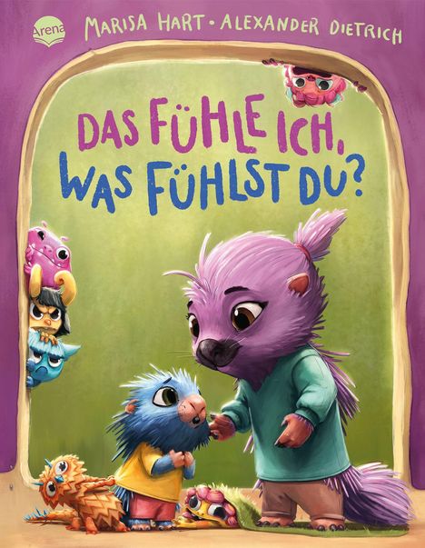 Text: "Das fühle ich, was fühlst du?" Zwei tierähnliche Figuren, lila und blau, mit anderen bunten Charakteren umgeben.
