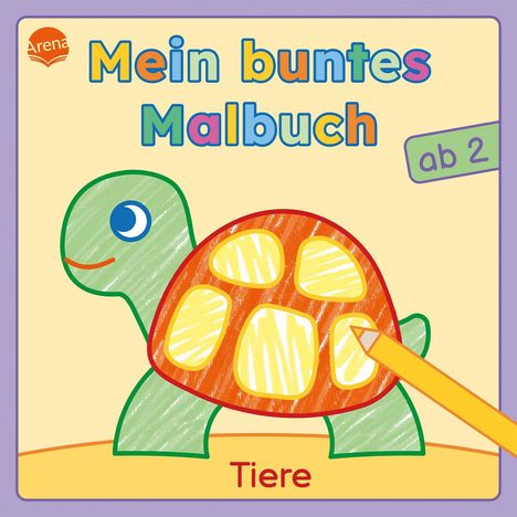 "Mein buntes Malbuch", "ab 2", "Tiere". Eine kindliche Zeichnung einer Schildkröte mit Buntstift.