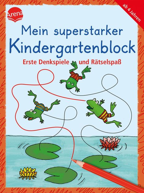 Text: "Mein superstarker Kindergartenblock: Erste Denkspiele und Rätselspaß." Illustration: Frösche springen über Seerosen.
