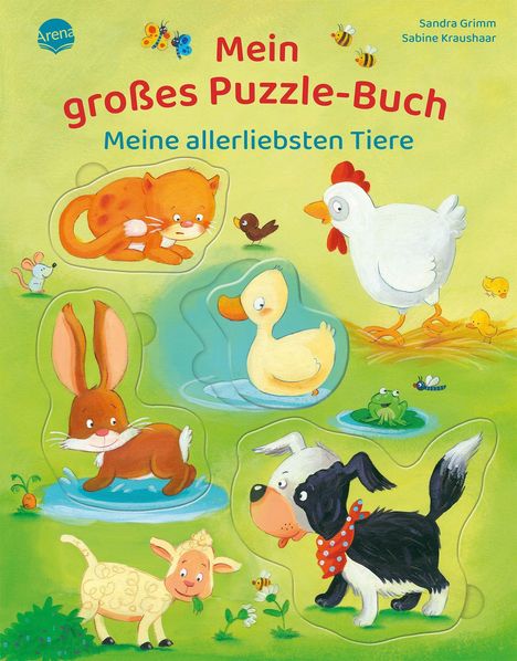 Text: "Mein großes Puzzle-Buch: Meine allerliebsten Tiere." Verschiedene niedliche Tiere auf einer farbenfrohen Wiese.