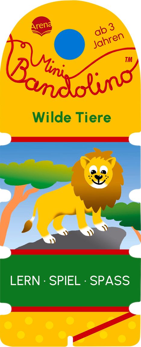 Text: "Wilde Tiere", "ab 3 Jahren", "LERN · SPIEL · SPASS". Illustration eines freundlichen Löwen vor Bäumen.