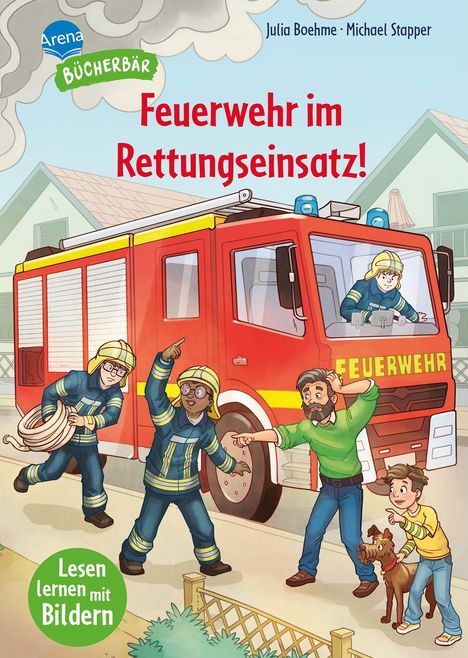 Feuerwehr im Rettungseinsatz! Illustration: Feuerwehrleute und Zivilpersonen vor einem Feuerwehrauto in Aktion.