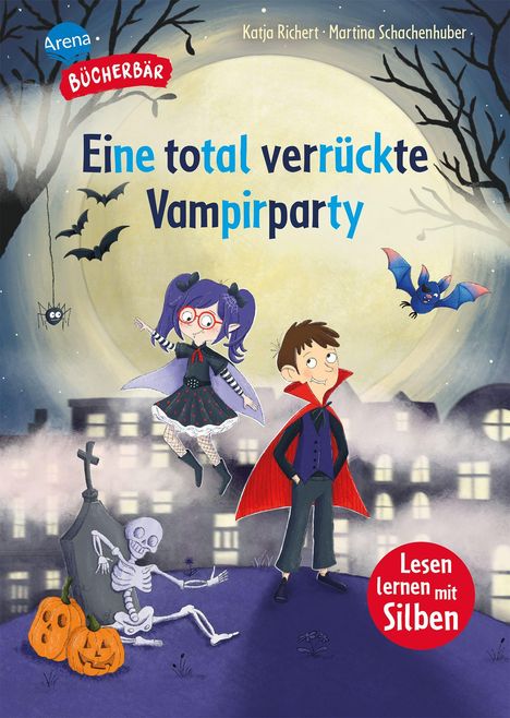 "Eine total verrückte Vampirparty." Zwei fröhliche Vampire, ein Skelett, Kürbisse, eine Fledermaus und ein dunkler Himmel.