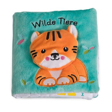 "Wilde Tiere" steht auf einem weichen, grünen Buch. Ein lächelnder, orangefarbener Tiger ist vorne gestickt.