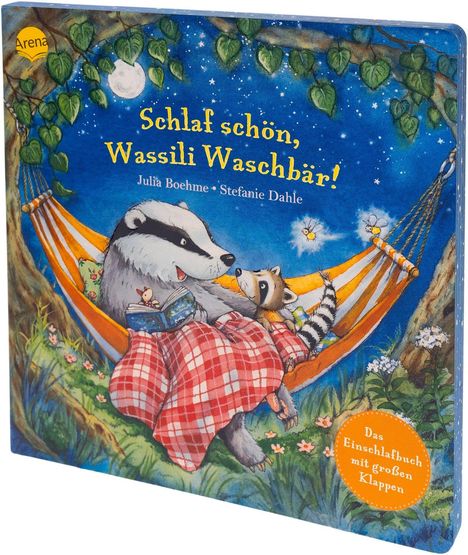 „Schlaf schön, Wassili Waschbär!“ Illustration mit Dachs und Waschbär in einer Hängematte unter Mond und Sternenhimmel.