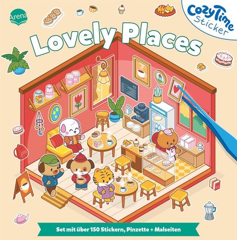 "Lovely Places", "Cozy Time Sticker", "Arena". Tiere in einem Café, Kuchen und Getränke, bunte Möbel, fröhliche Atmosphäre.