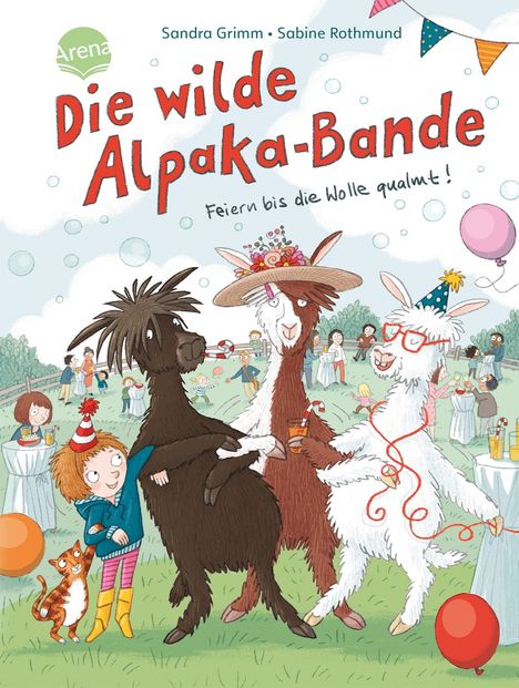„Die wilde Alpaka-Bande. Feiern bis die Wolle qualmt!“ Drei Alpakas und ein Kind tanzen fröhlich auf einer Partywiese.