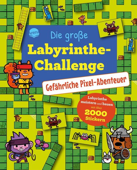 "Die große Labyrinthe-Challenge: Gefährliche Pixel-Abenteuer, mit über 2000 Stickern." Bunte Cartoon-Tiere in einem Labyrinth.