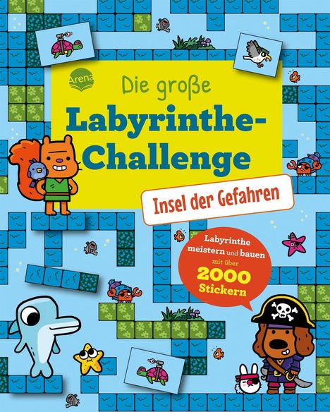 "Die große Labyrinthe-Challenge - Insel der Gefahren". Illustrationen von Tieren und Labyrinthen auf buntem Hintergrund.