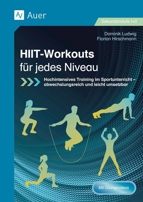 „HIIT-Workouts für jedes Niveau.“ Silhouetten von Menschen in Sportposen. Blau-grüner Hintergrund, dynamisches Design.