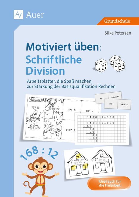 "Motiviert üben: Schriftliche Division. Ideal auch für die Freiarbeit. Illustration mit Aufgabenblättern und Affe."