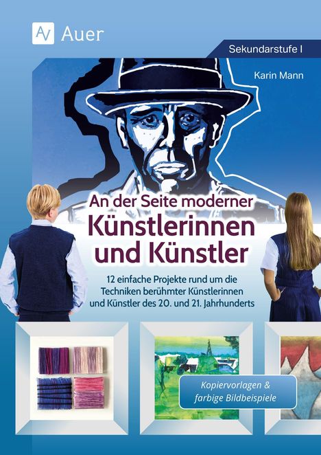 "An der Seite moderner Künstlerinnen und Künstler." Illustration: Gesicht im Hut, Kinder betrachten Kunstwerke, moderner Stil.