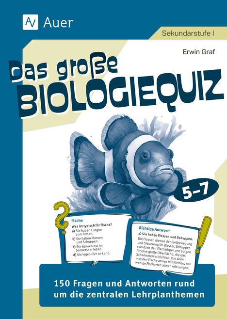 „Das große Biologiequiz – 5-7“, 150 Fragen und Antworten. Illustration Clownfisch. Fragen zu typischen Fischmerkmalen.